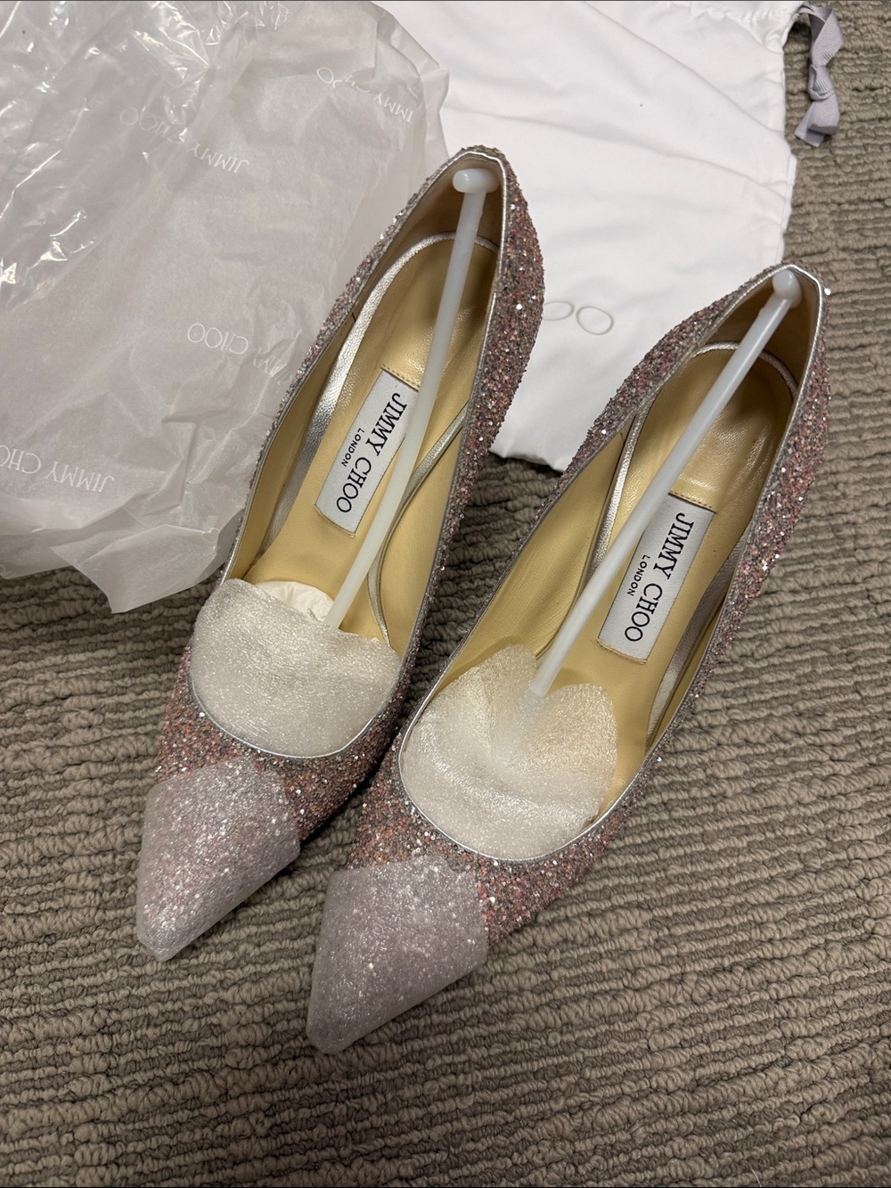 Jimmy Choo ROMY 100 Pink Glitter Pointed Pumps with Multitone Sparkle - Picture 7 of 8